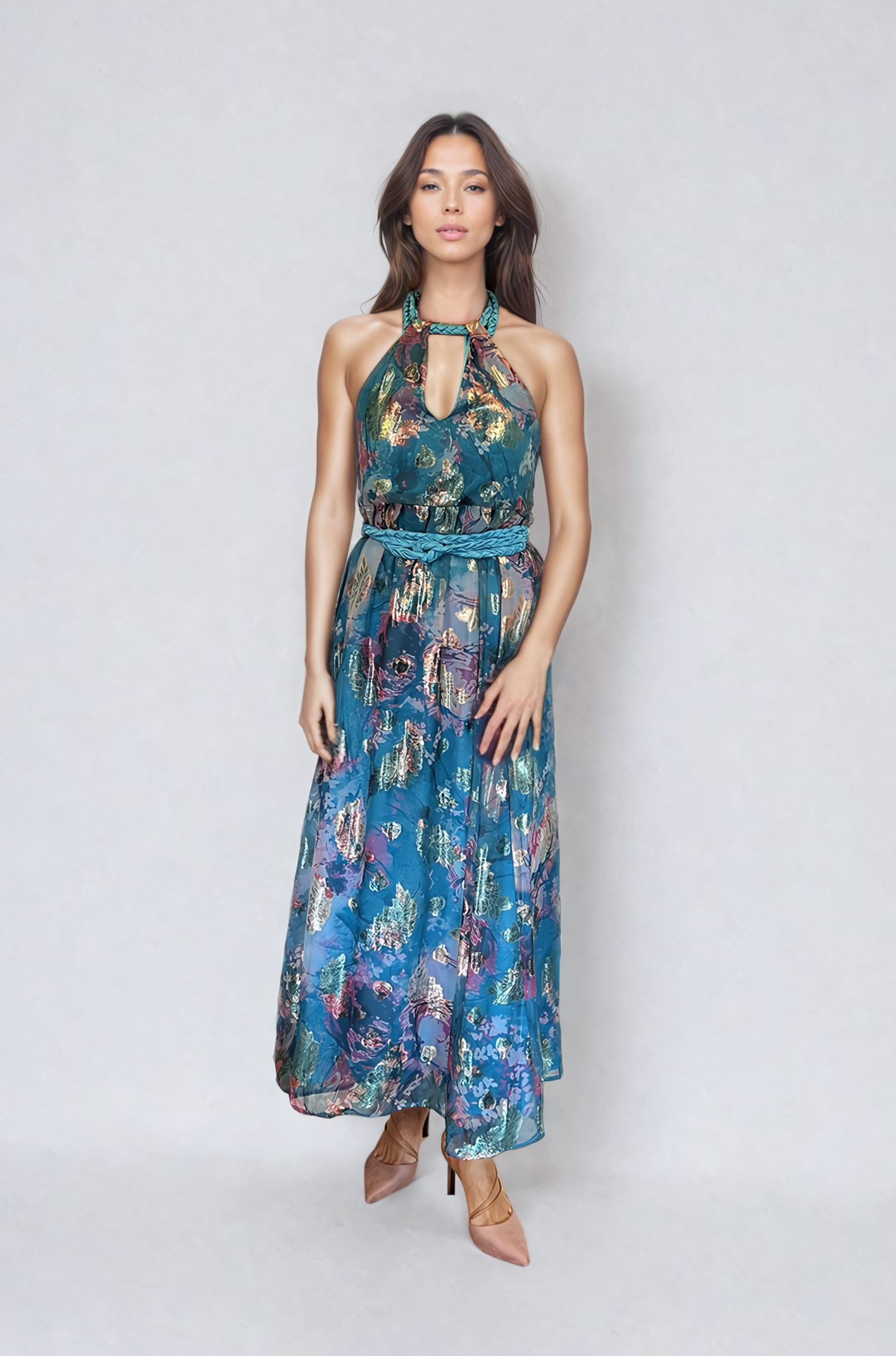 Floral Blue Maxi Elbise