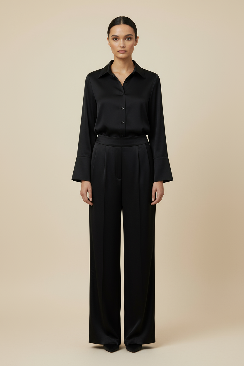 Noır İpeksi Saten Geniş Paça Pantolon