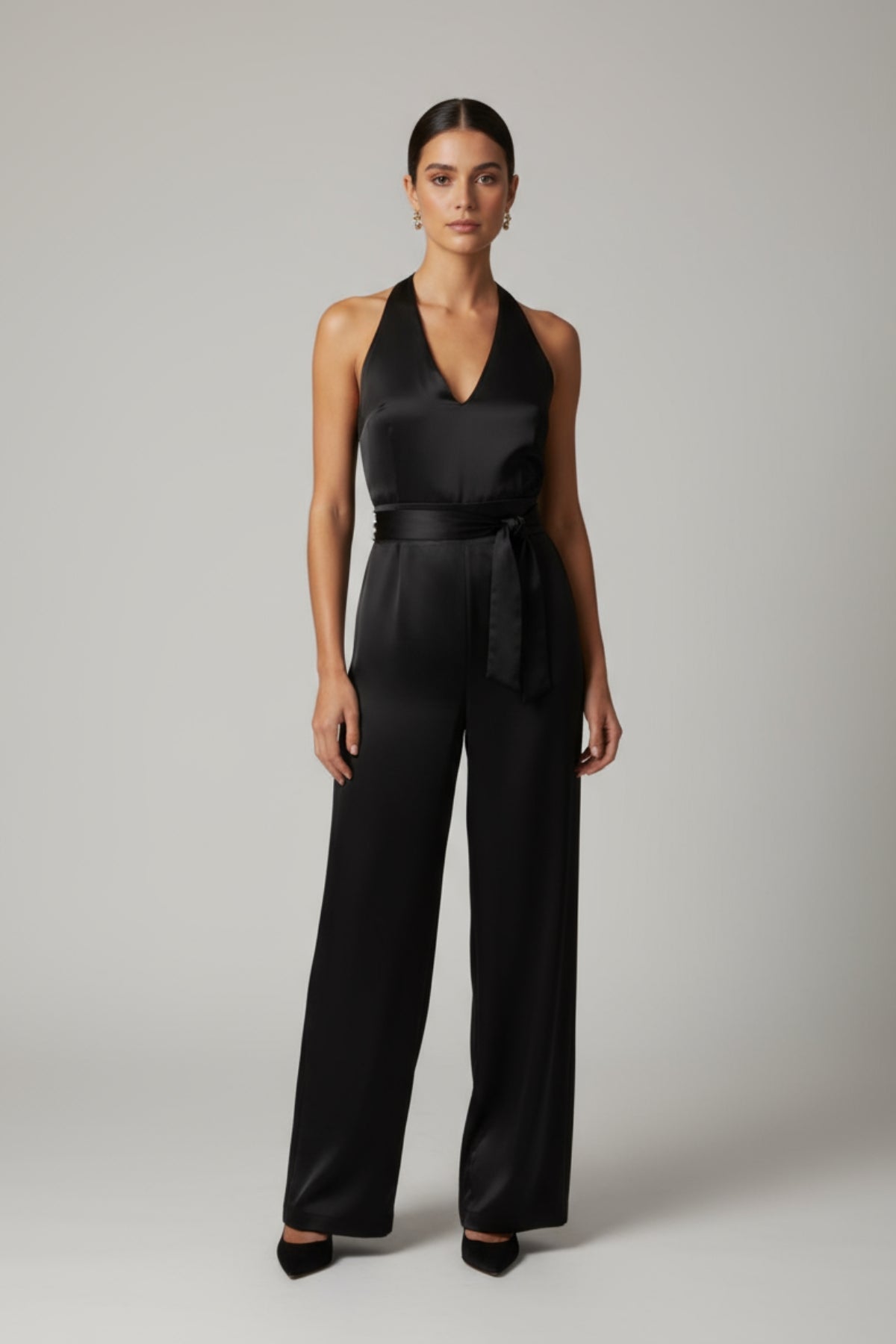 Noır İpeksi Saten Halter Yaka Tulum