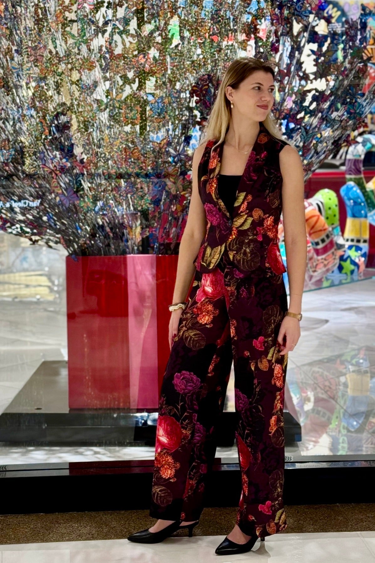 Nostaljik Çiçekli Geniş Paça Saten Pantolon