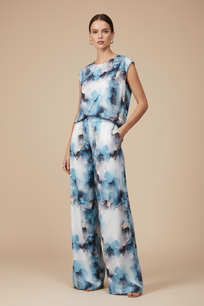 Golden Blue Çiçekli Saten Bluz